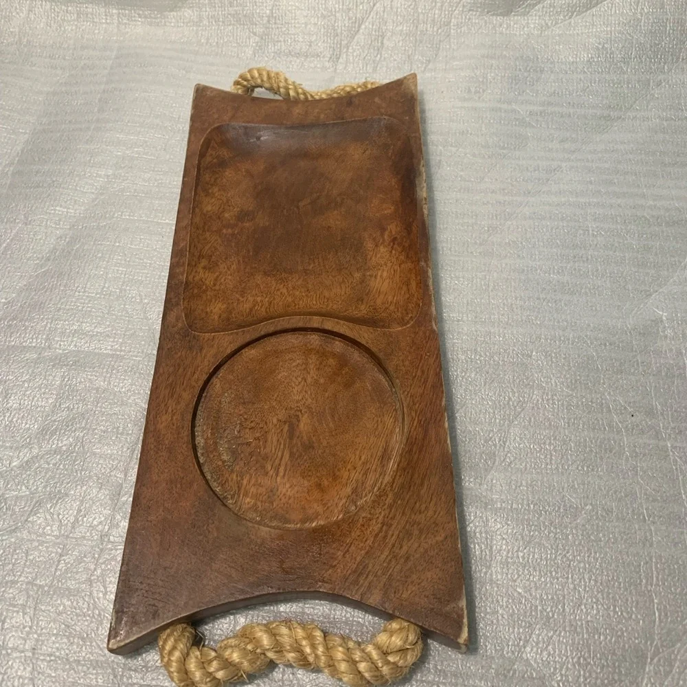 Vintage Wooden Snack Serving Tray w Rope Handles Dip Bowl Compartment Rustic MCM